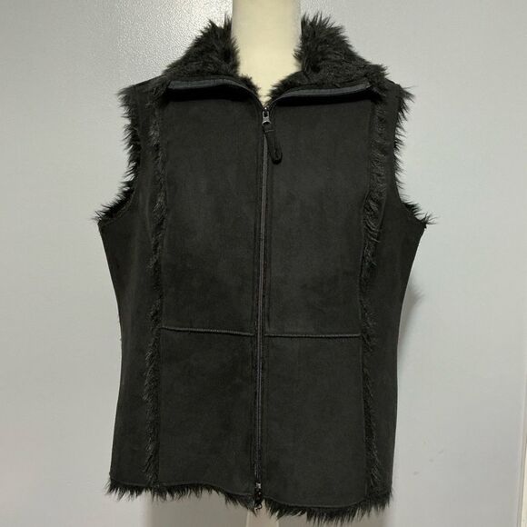 Relativity Womens Faux Suede Vest Size 1X Black Faux Fur Lined Zip Front - Picture 1 of 7